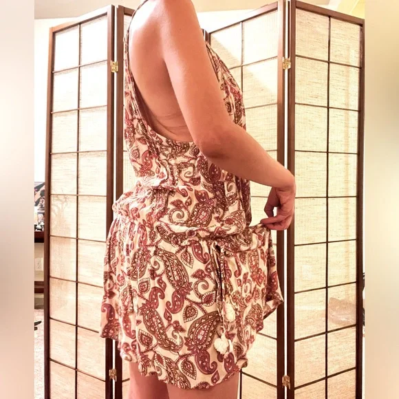 Show me your Mumu rayon Pom Pom drawstring paisley dress Red and taupe - Picture 4 of 11